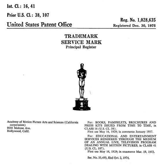 Academy Award Oscar Registered Trademark 1028635